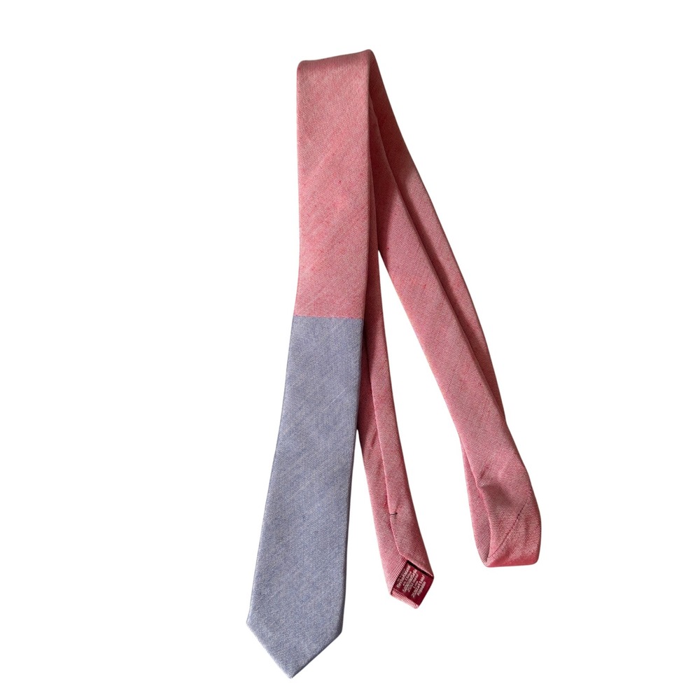 Original Penguin Silk Linen Cotton Slim Tie Blue Red Colorblock Preppy Skinny